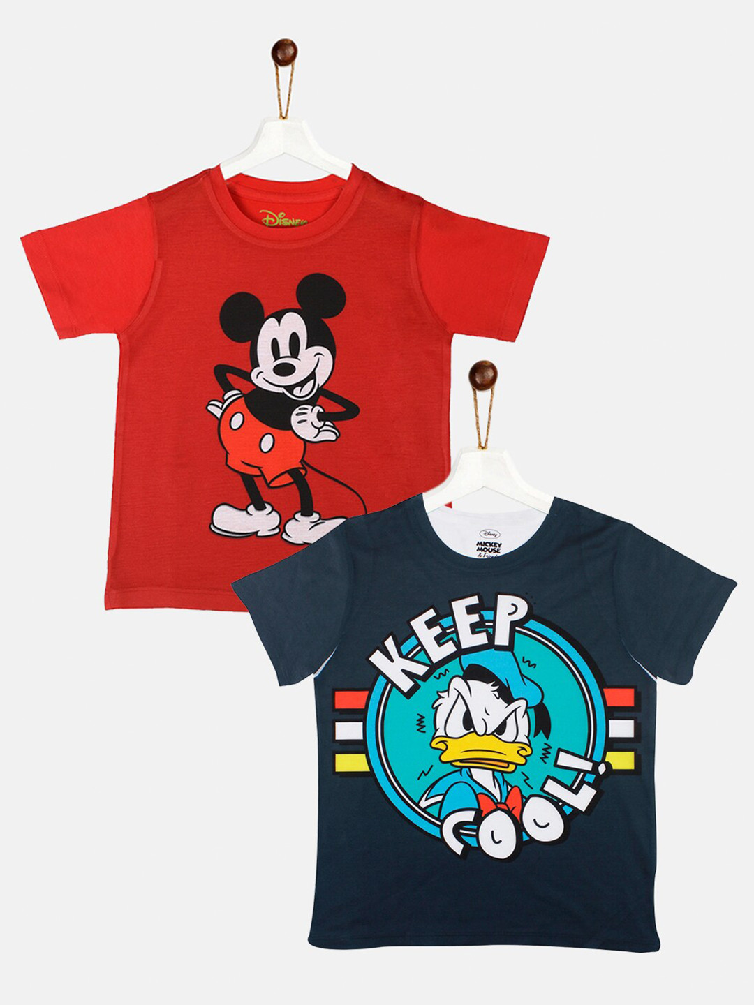 YK Disney Boys Pack of 2 Red & Navy Blue Mickey and Donald Printed T-shirt