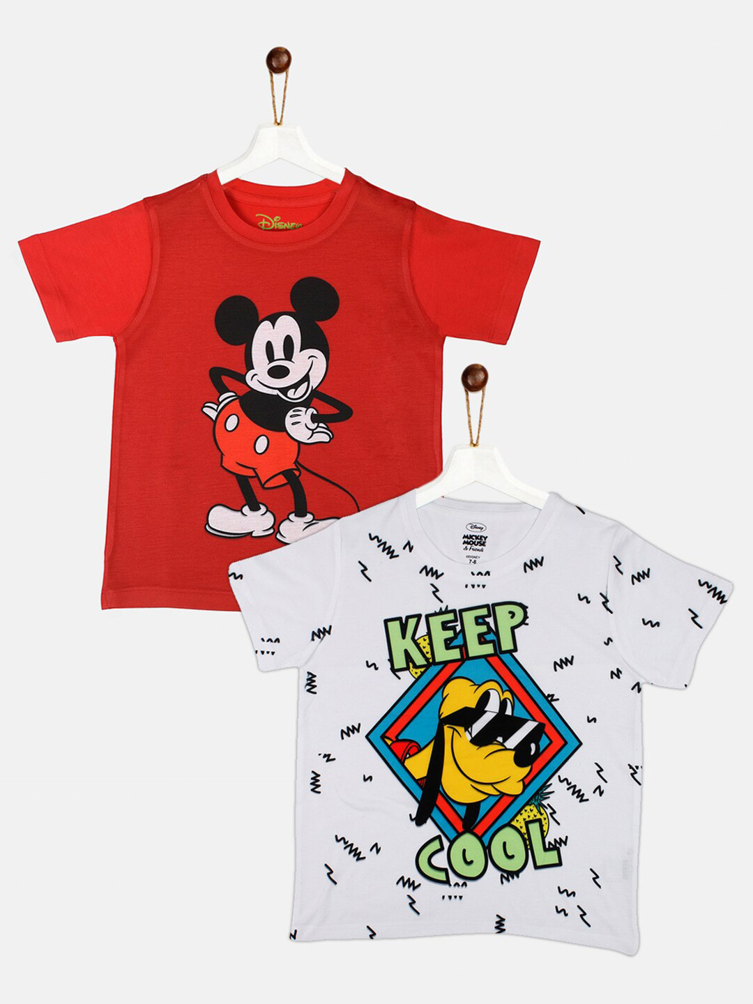 YK Disney Boys White Mickey and Pluto Printed Sibling Collection Printed Cotton T-shirt