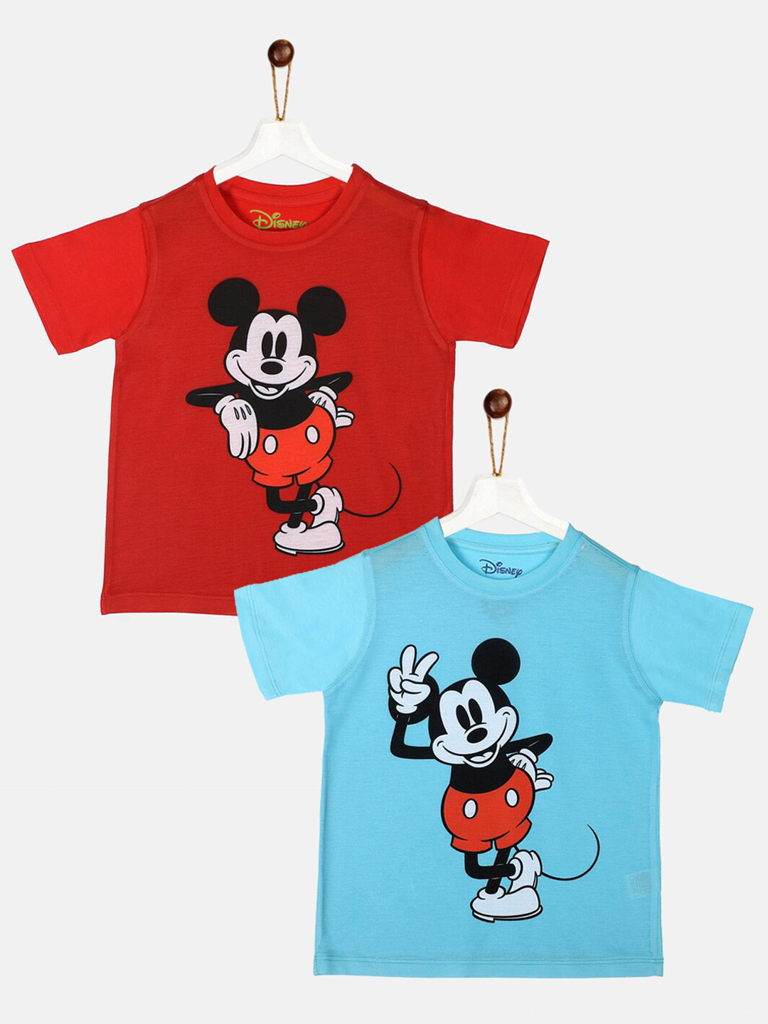 YK Disney Boys Pack of 2 Red & Sky Blue Mickey Mouse Printed T-shirt