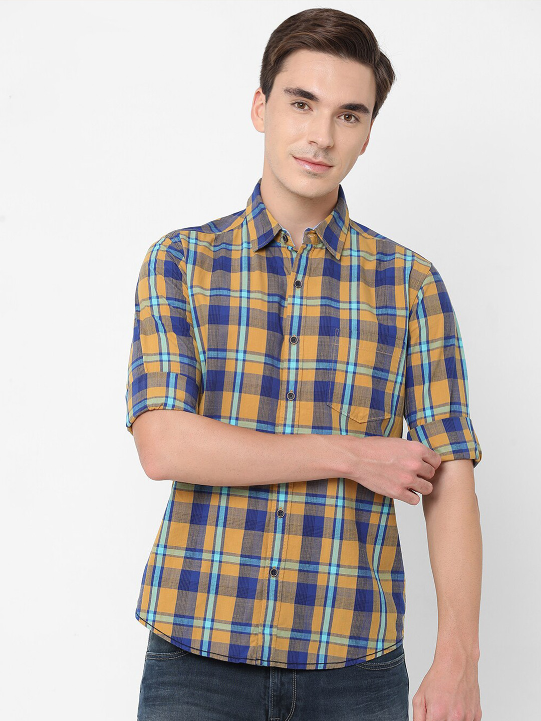 Pepe Jeans Men Yellow Tartan Checks Checked Cotton Casual Shirt
