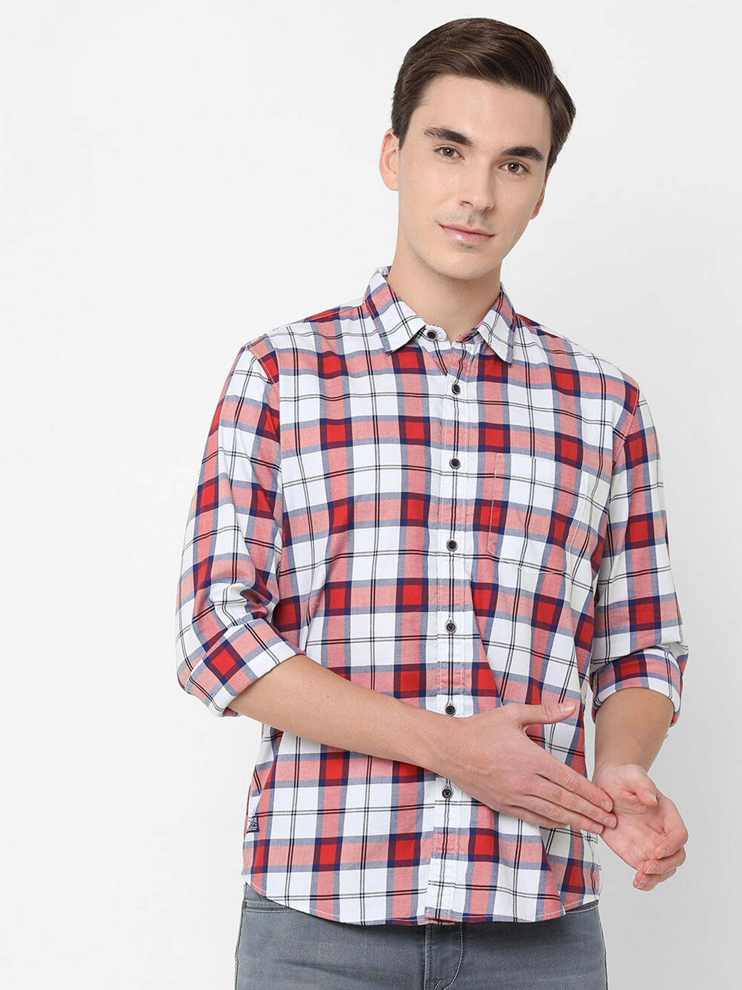 Pepe Jeans Men White & Red Checked Casual Shirt