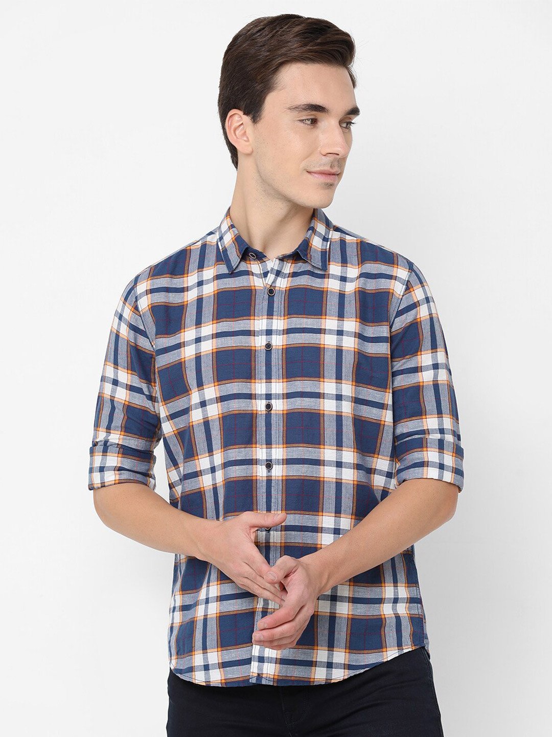 Pepe Jeans Men Navy Blue Tartan Checks Checked Casual Shirt