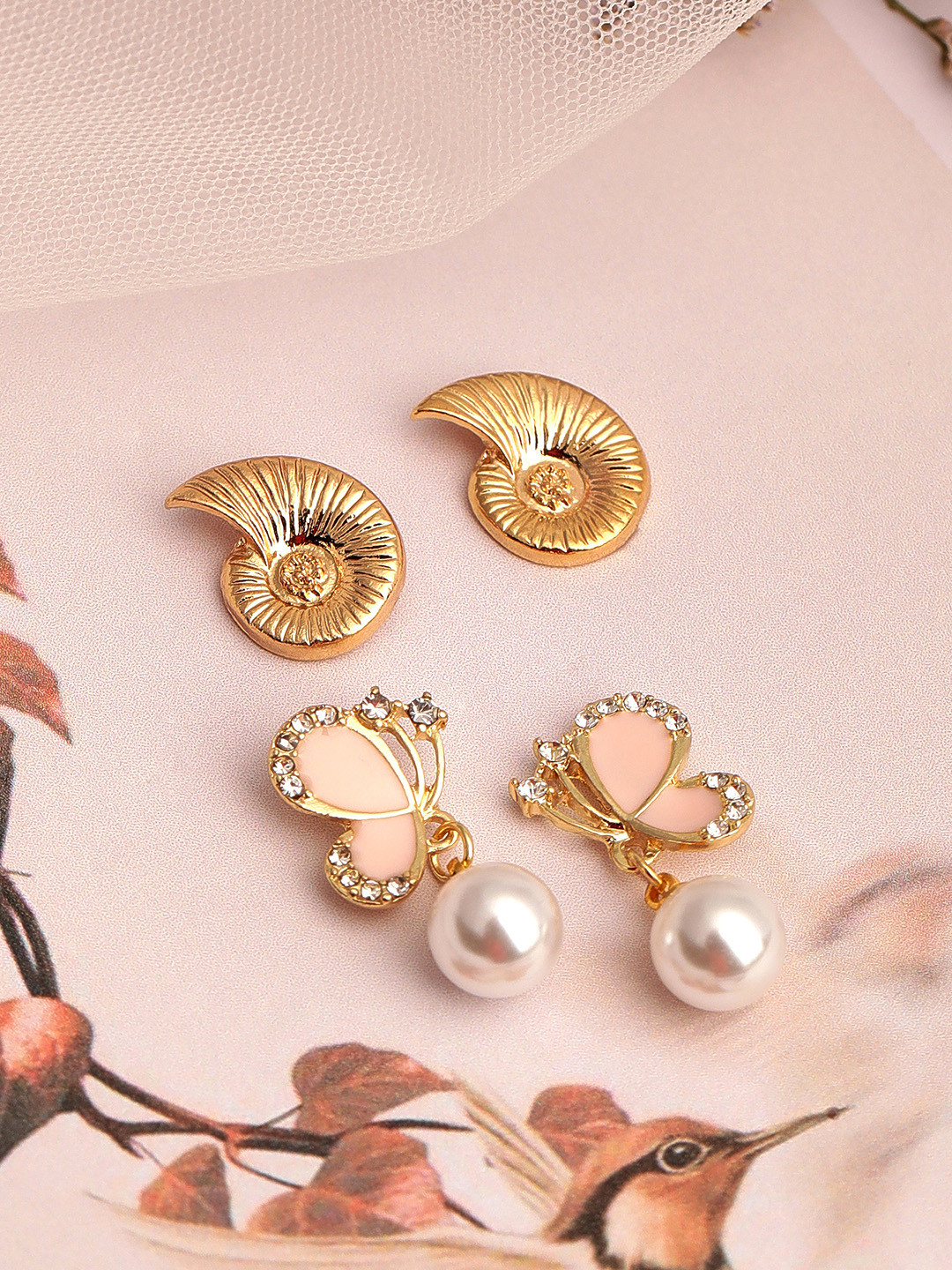 Rubans Set of 2 Gold-Toned Earrings with Pink Butterfly Pearl Drop & Shell Design Studs