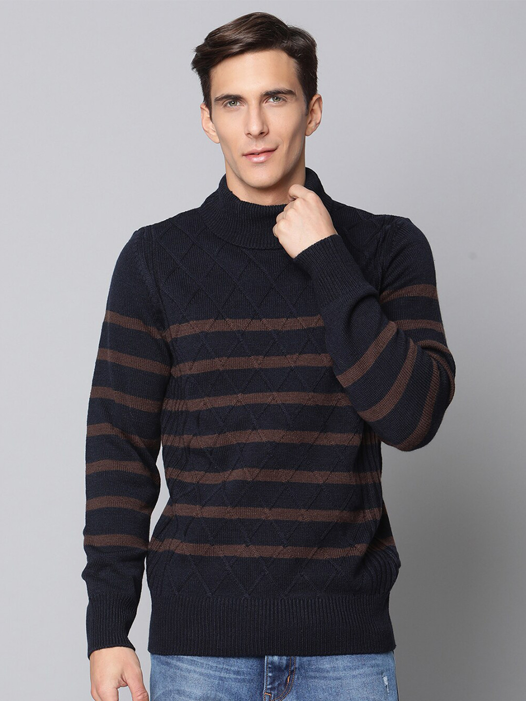 BEN SHERMAN Men Navy Blue & Tan Striped Pullover