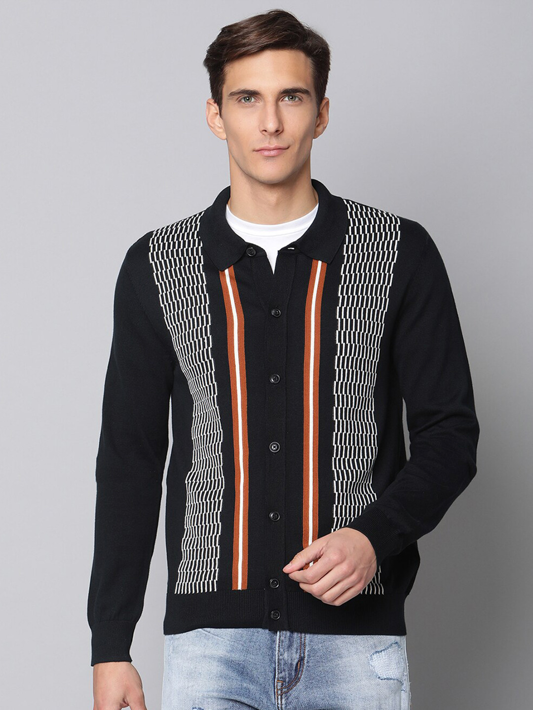 BEN SHERMAN Men Black Geometric Printed Pure Cotton Cardigan