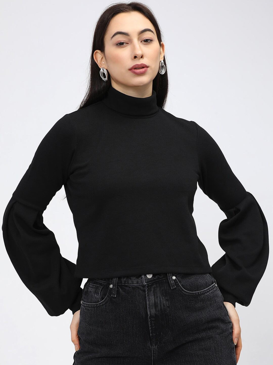 Tokyo Talkies Black Accordion Pleated Sleeves Top