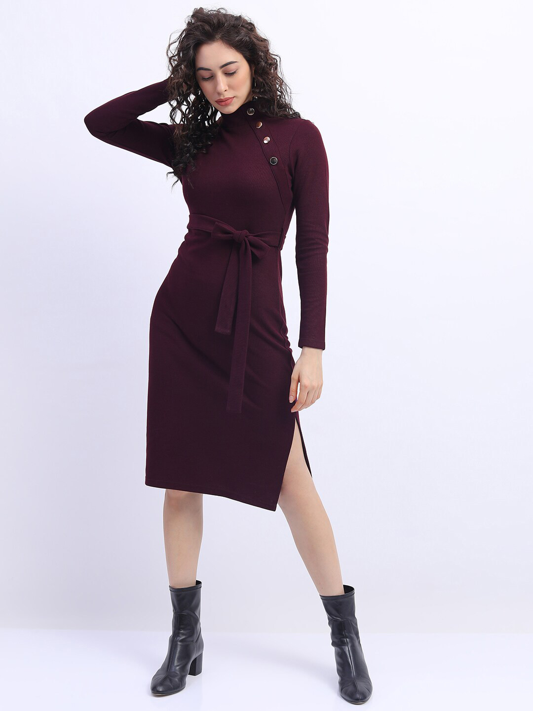 Tokyo Talkies Women Maroon Belted Sheath Dress