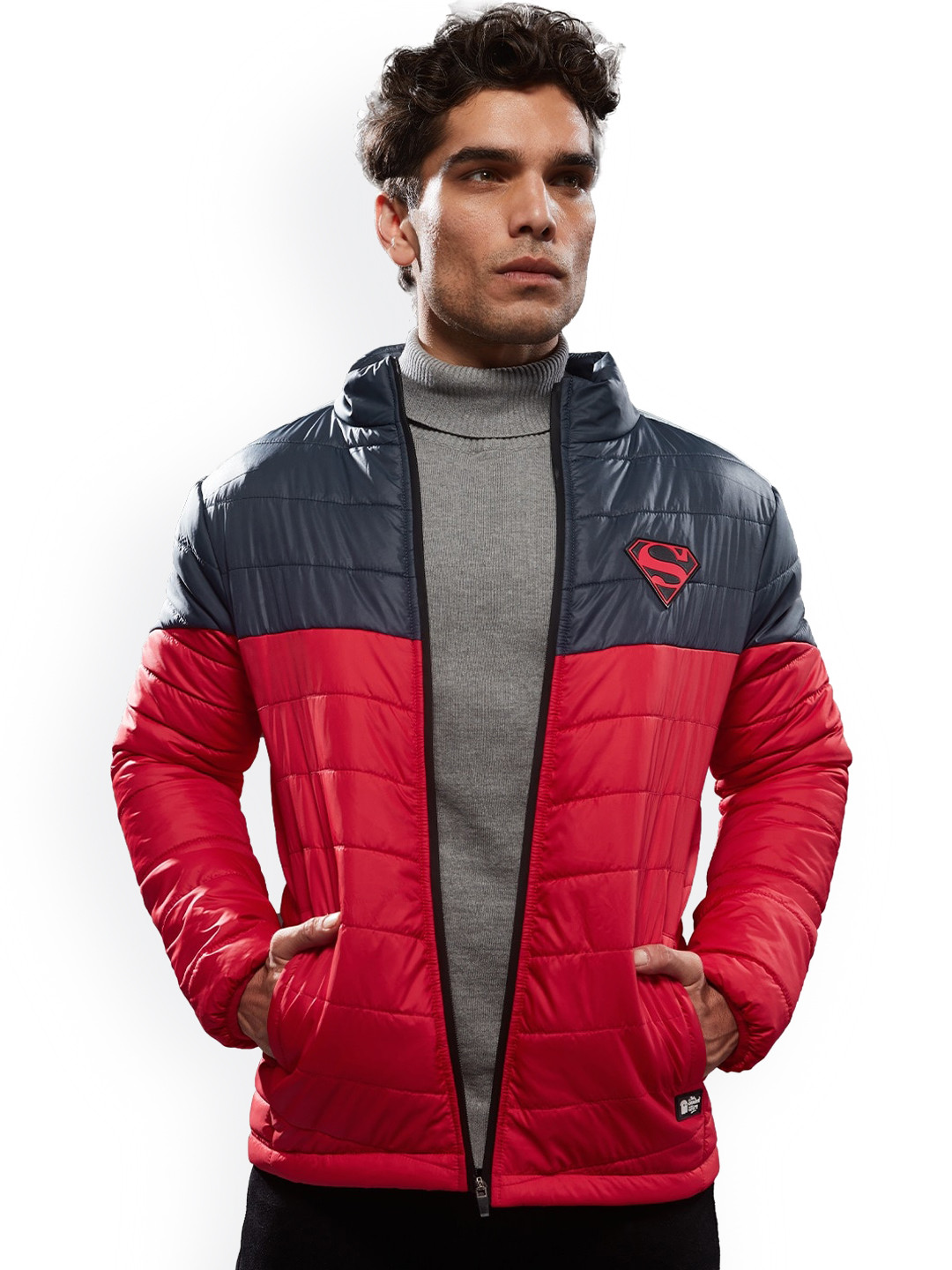 The Souled Store Men Grey & Red Colourblocked Lightweight Puffer Jacket with SupermanLogo