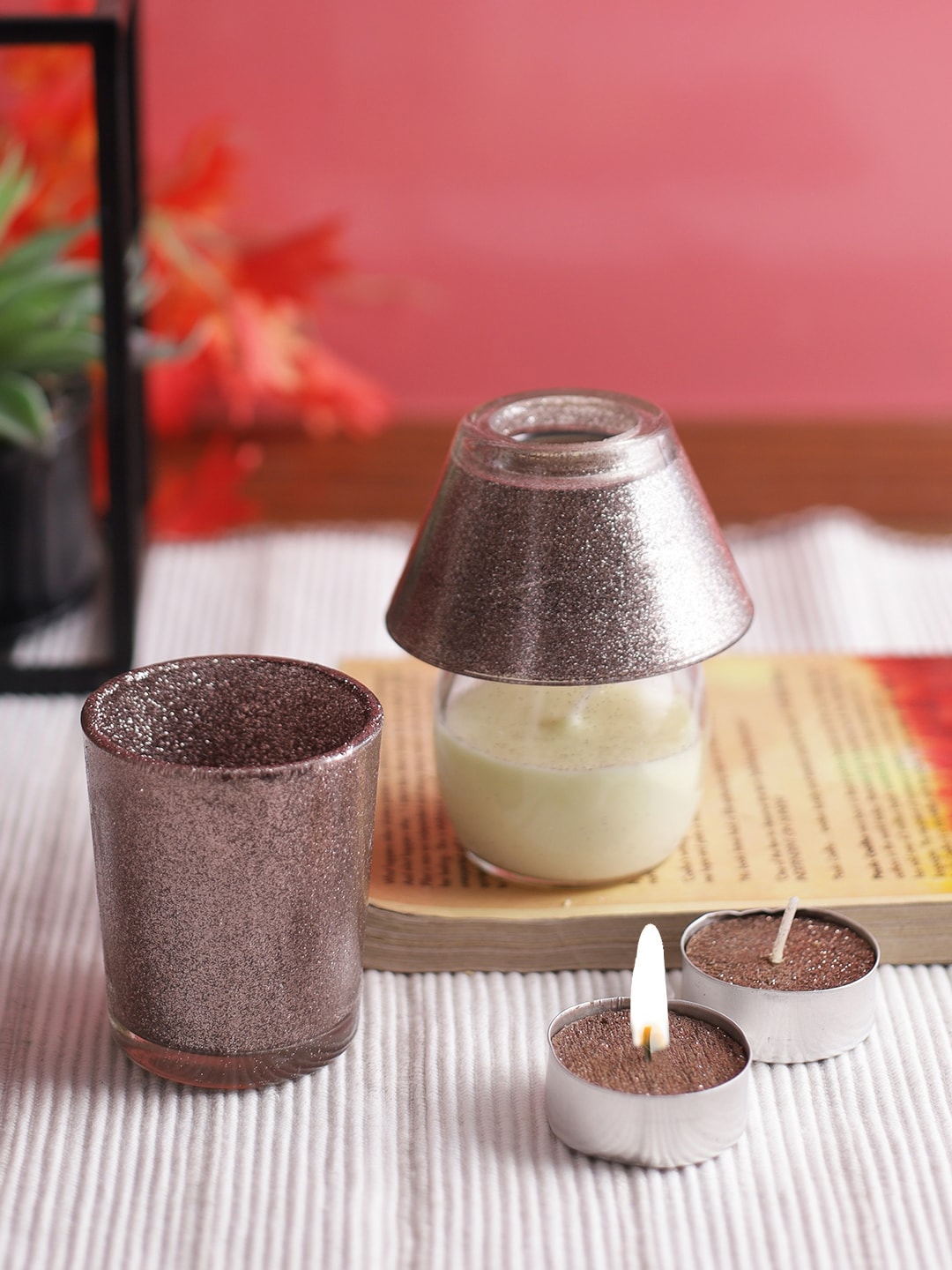 Aapno Rajasthan Brown Lamp Shaped Glittery Copper Tealight and Glass Jar Candles Set