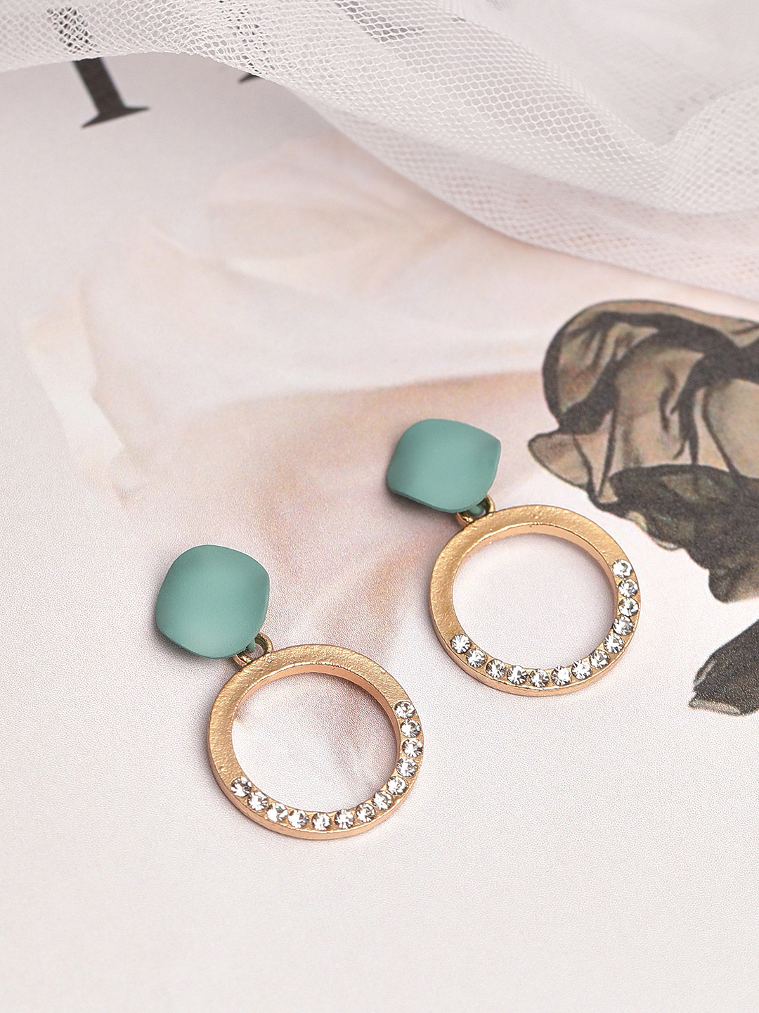 Rubans Matte Teal Blue & Gold-Toned White Crystal Studded Open Circle Drop Earrings