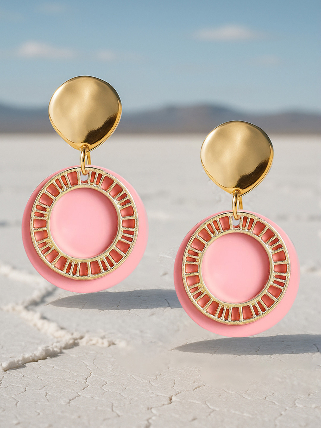 TOKYO TALKIES X rubans FASHION ACCESSORIES Gold-Toned & Pink Circular Drop Earrings
