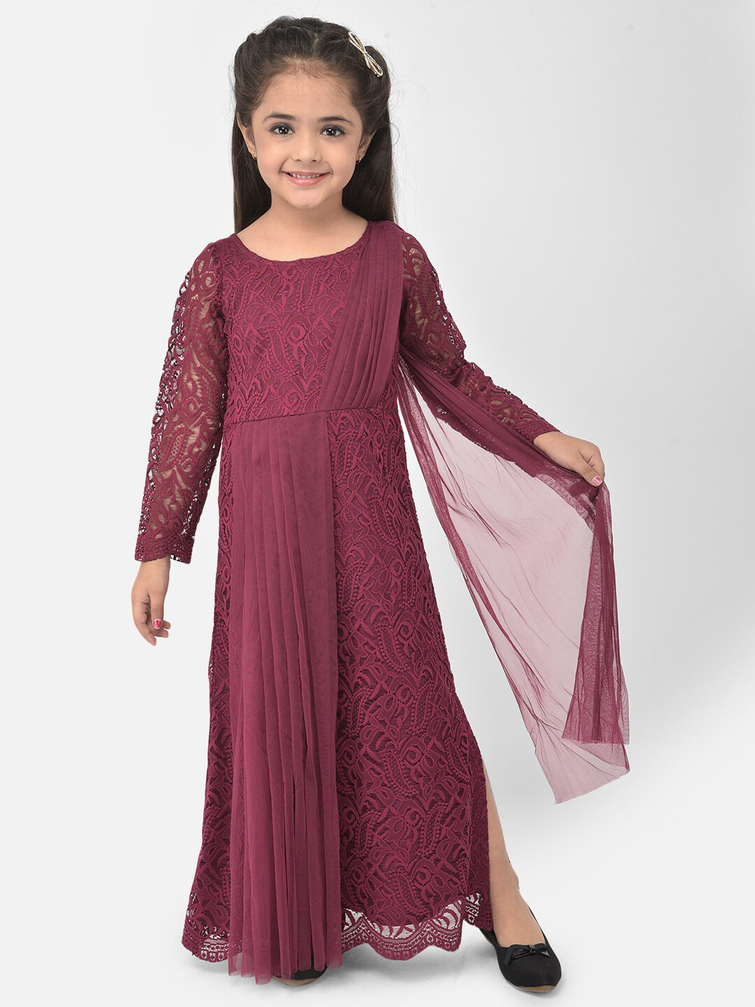 Eavan Girls Burgundy Lace Maxi Dress
