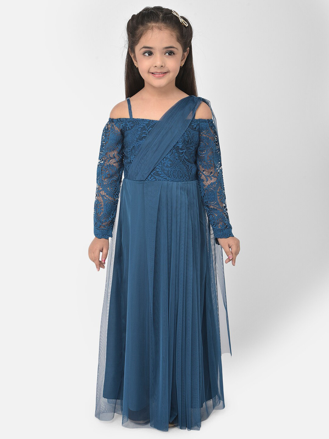 Eavan Teal Net Draped Maxi Dress