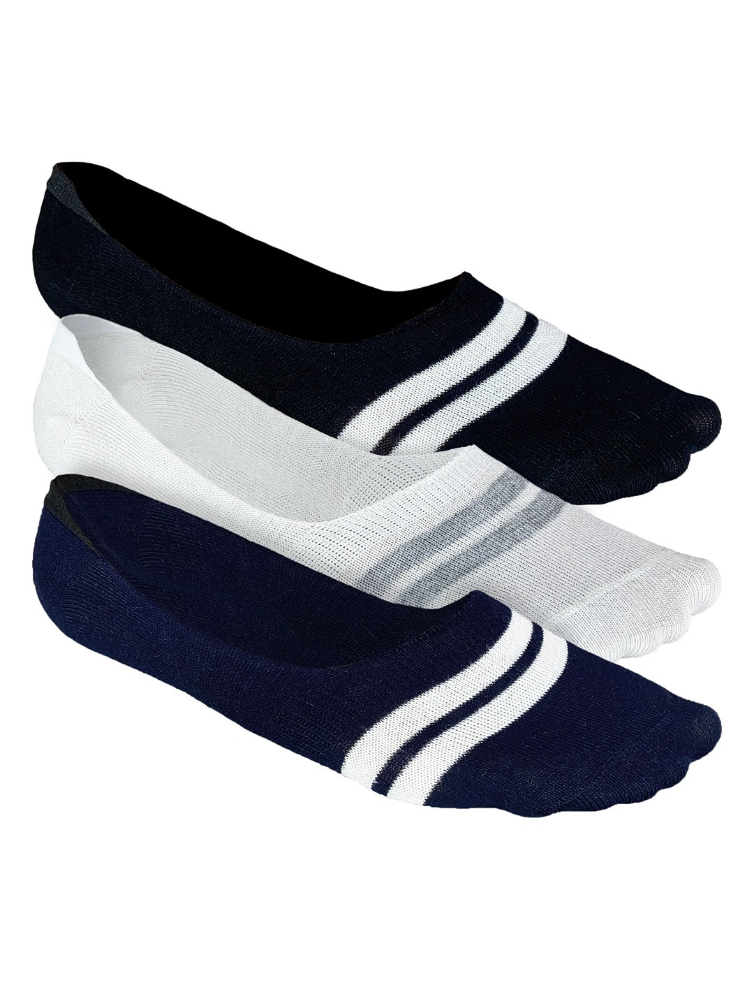 Heelium Men Navy Blue and White Pack of 3 Striped Shoe Liners