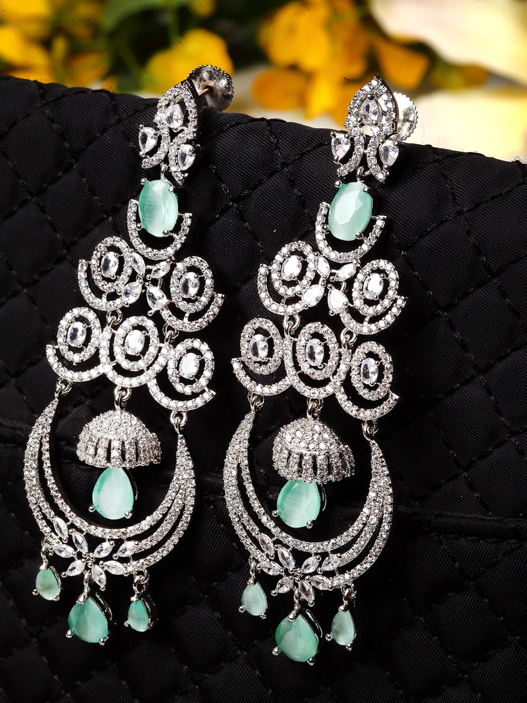 ZENEME Rhodium Plated Silver Toned Sea Green AD Studded Dangler Earrings