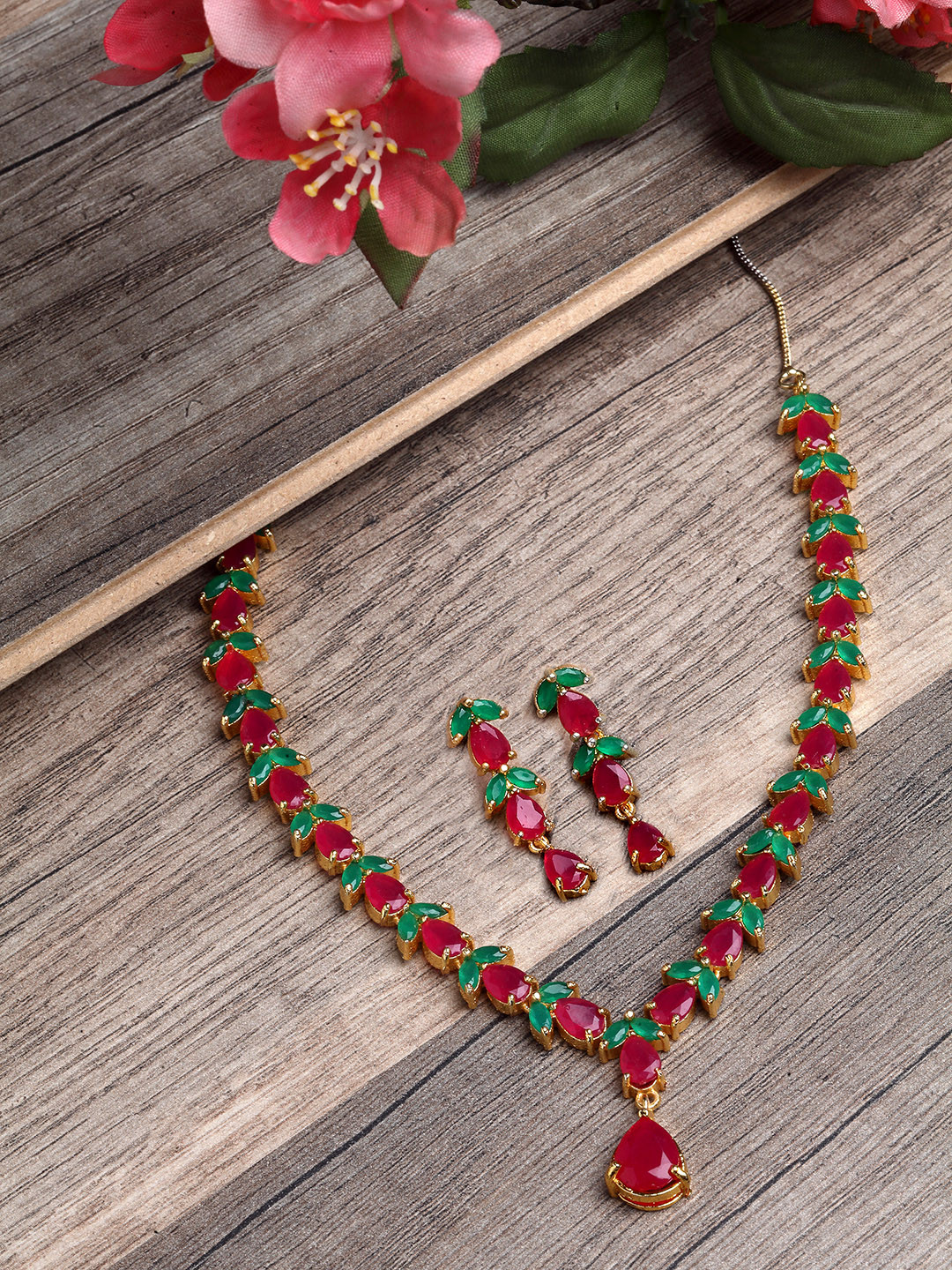 ZENEME Gold-Plated Red & Green Cubic Zirconia-Studded Jewellery Set