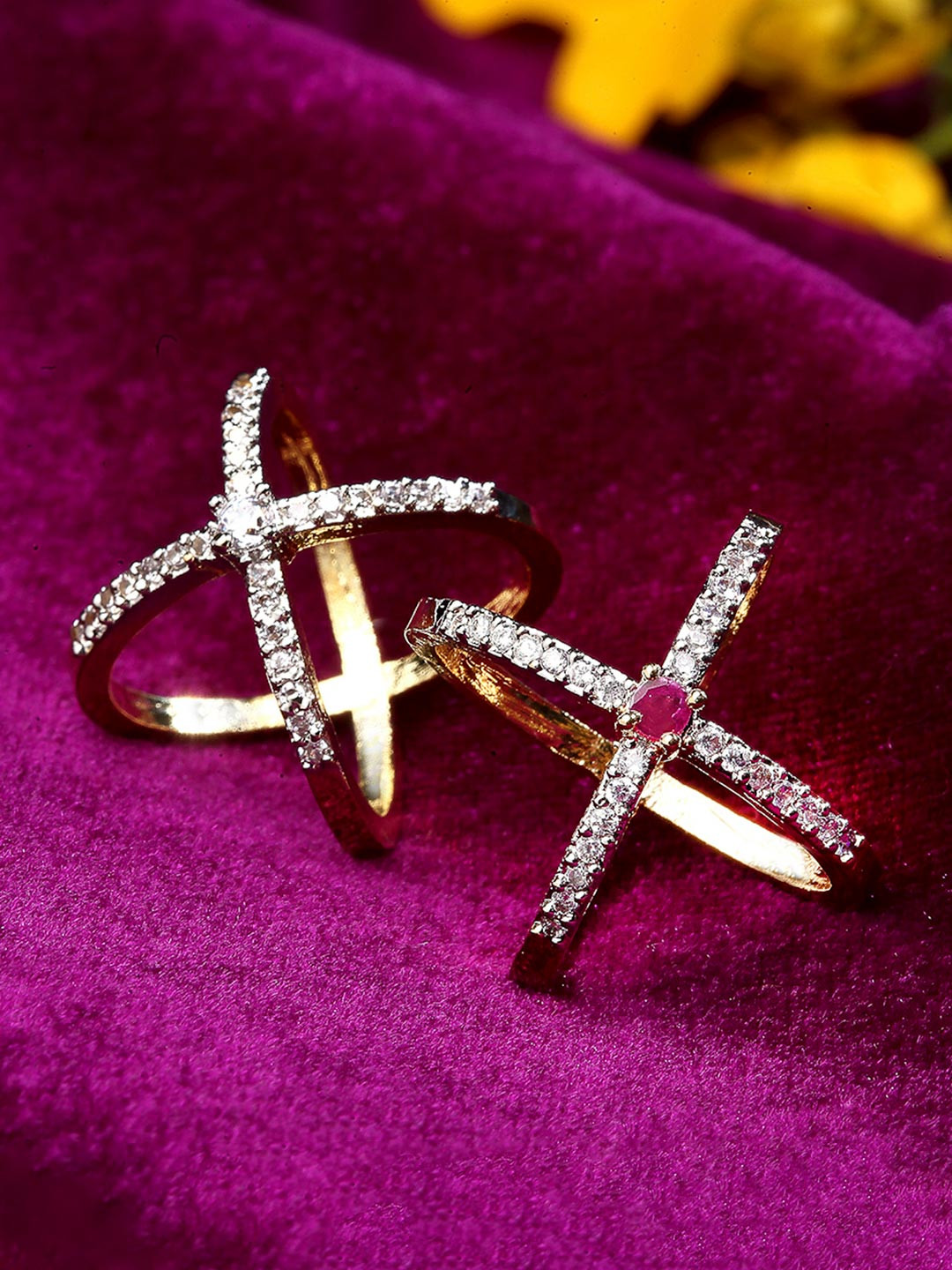 ZENEME Gold-Plated White & Pink American Diamond Studded Set of 2 Ring