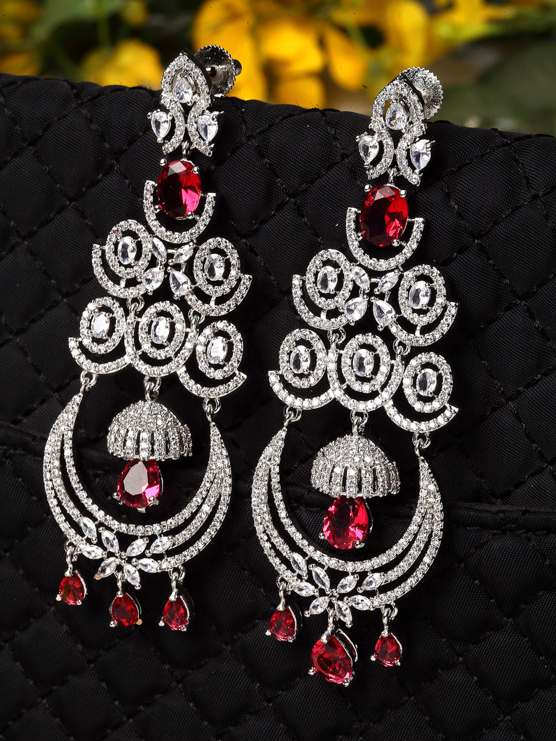 ZENEME Rhodium-Plated & Red American Diamond Studded Chandbalis Earrings