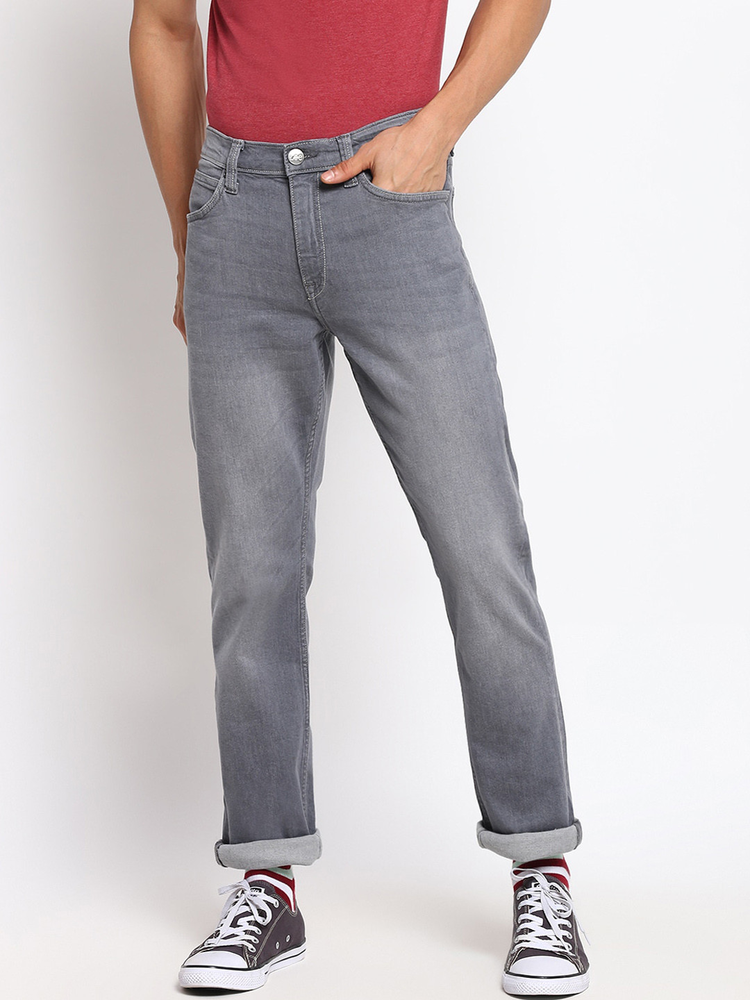 Lee Men Grey Straight Fit Heavy Fade Stretchable Jeans