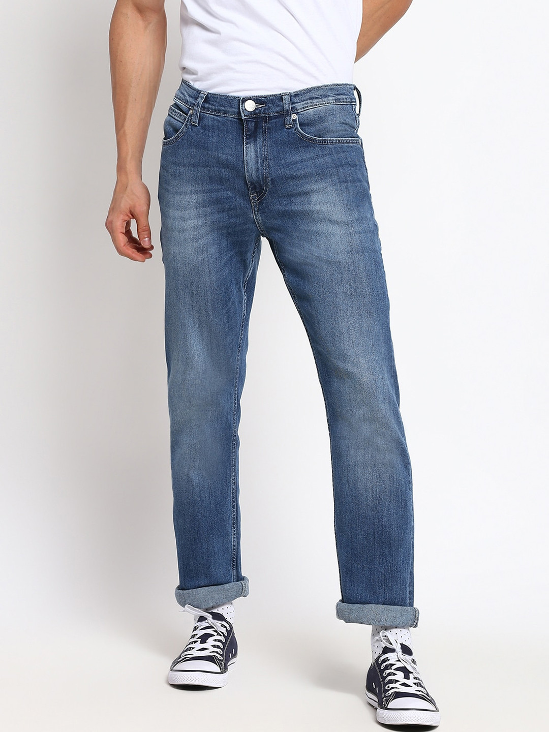 Lee Men Blue Straight Fit Low Distress Light Fade Stretchable Jeans