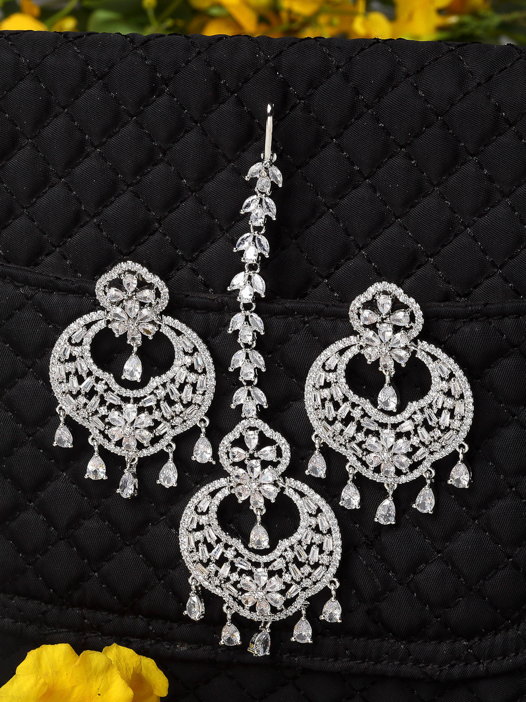 ZENEME Rhodium-Plated Silver toned Pear Shaped AD-Studded Maang Tikka And Earrings Set