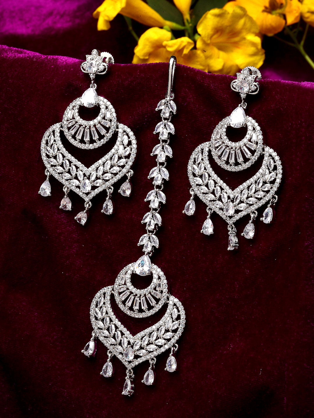 ZENEME Rhodium-Plated AD-Studded Maang Tikka & Earrings Jewelry Set