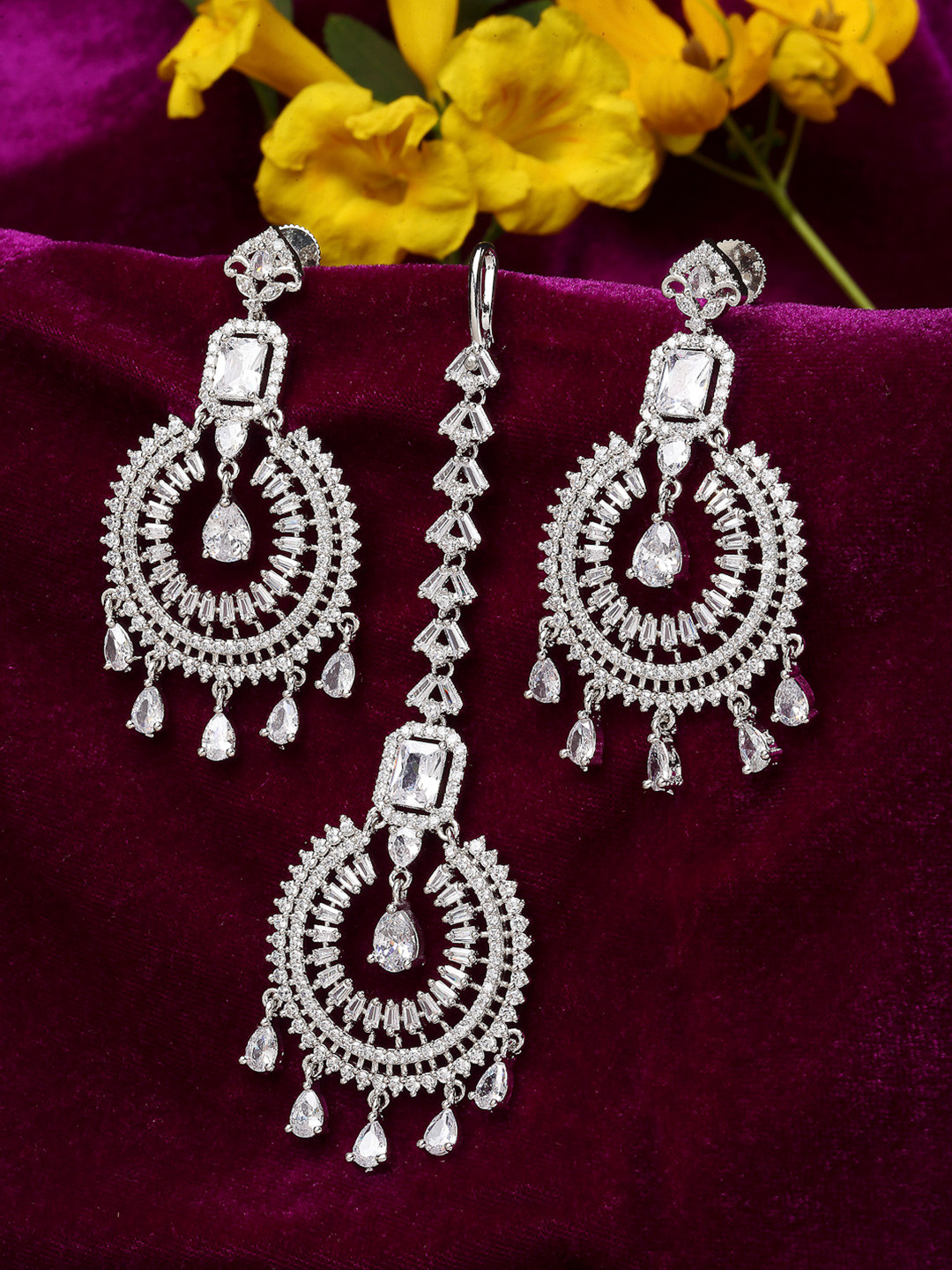 ZENEME Rhodium-Plated Silver Round AD-Studded Maang Tikka And Chandeliers Earrings Set