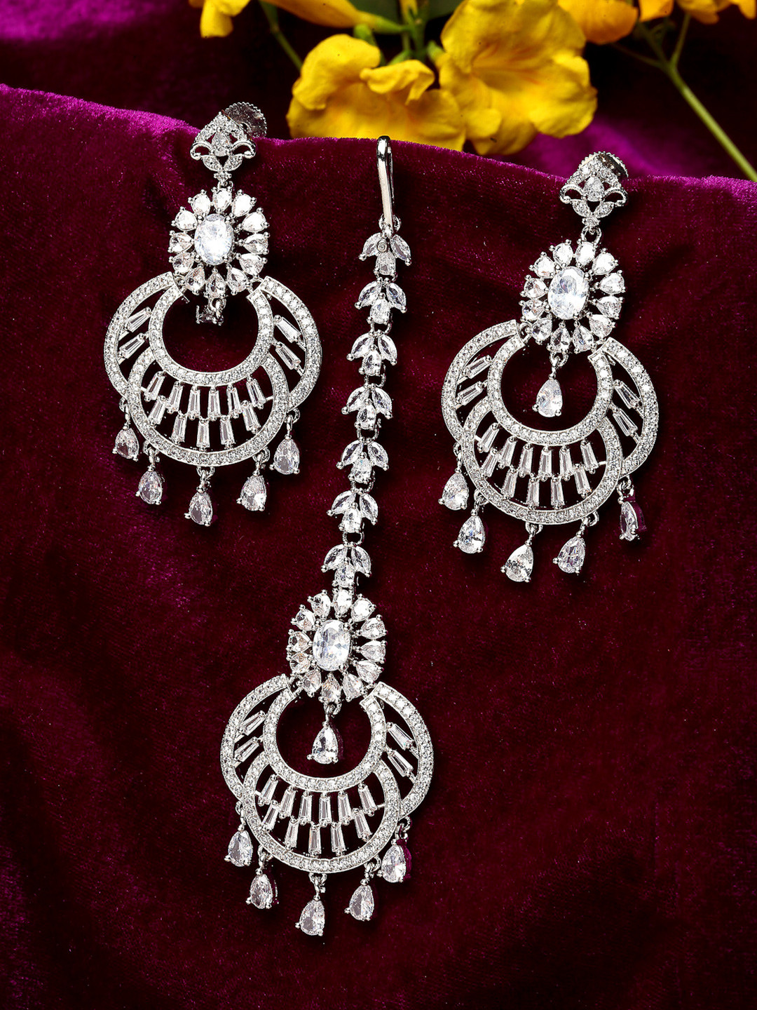 ZENEME Rhodium-Plated American Diamond Studded Maang Tikka And Earrings Set