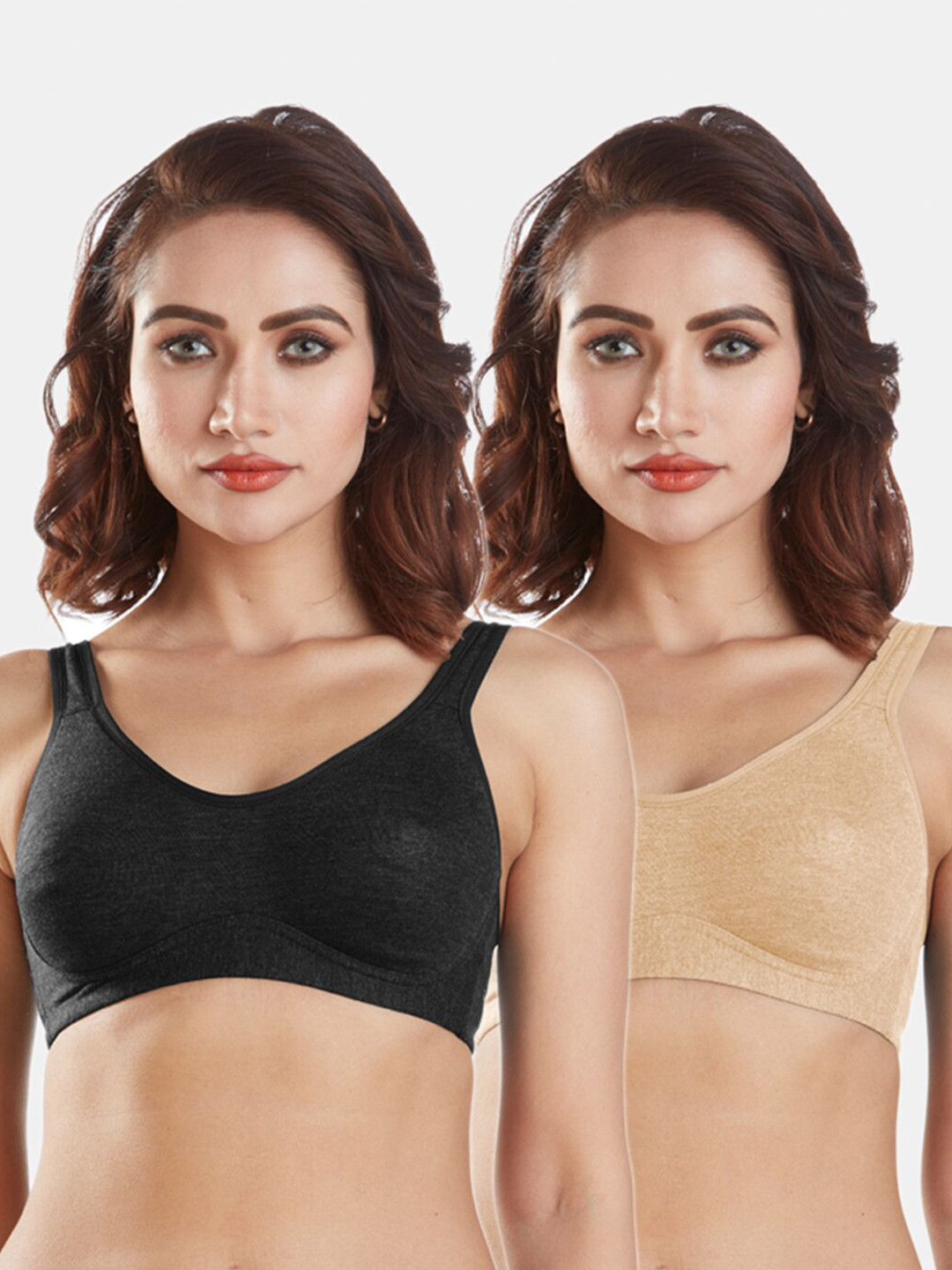 Sonari Pack of 2 Black & Nude-Coloured Double Layer Non Padded Bra