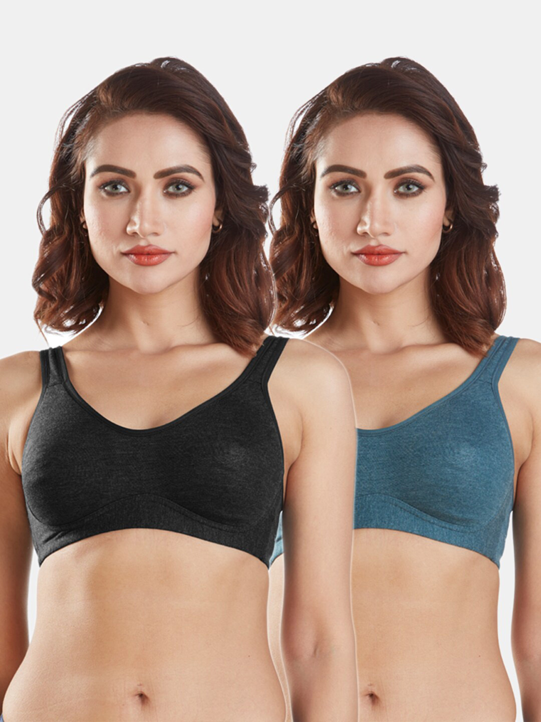 Sonari Pack of 2 Black & Teal Non Padded Double Layer Minimizer Bra