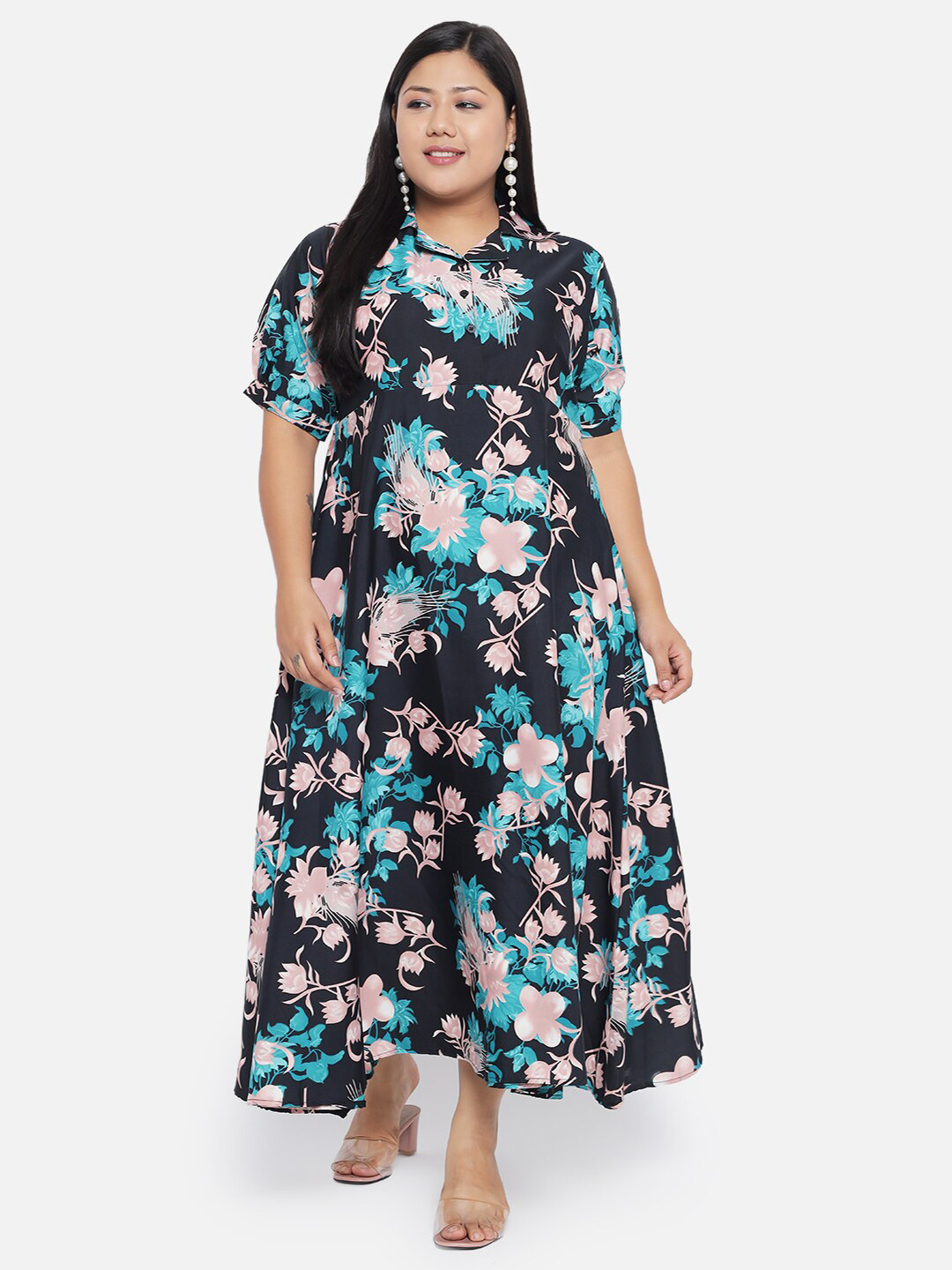 Indietoga Women Green & Blue Plus Size Floral Printed Maxi Dress
