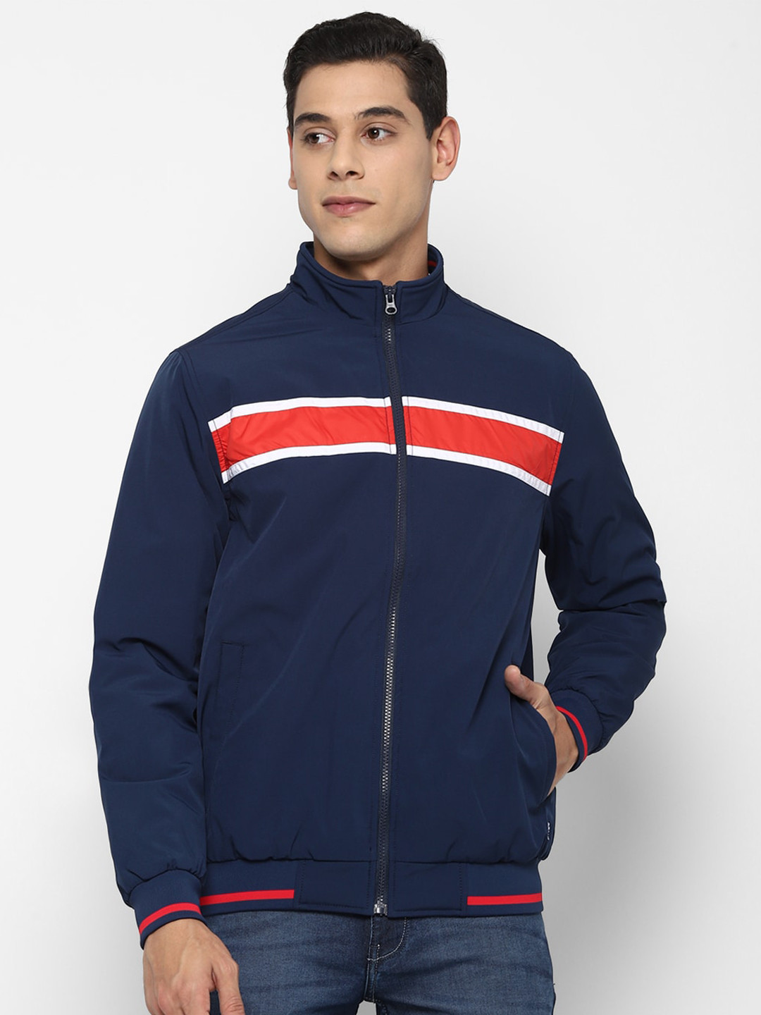 Allen Solly Men Navy Blue & Red Striped Bomber Jacket