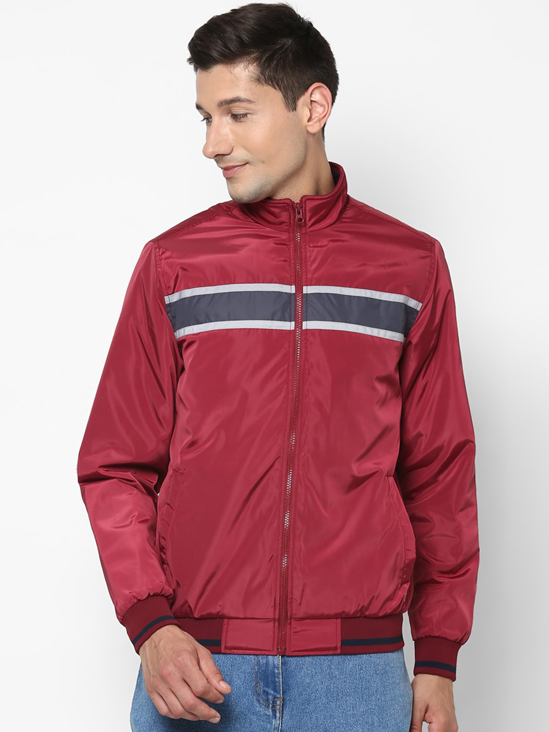 Allen Solly Men Maroon Striped Bomber Jacket