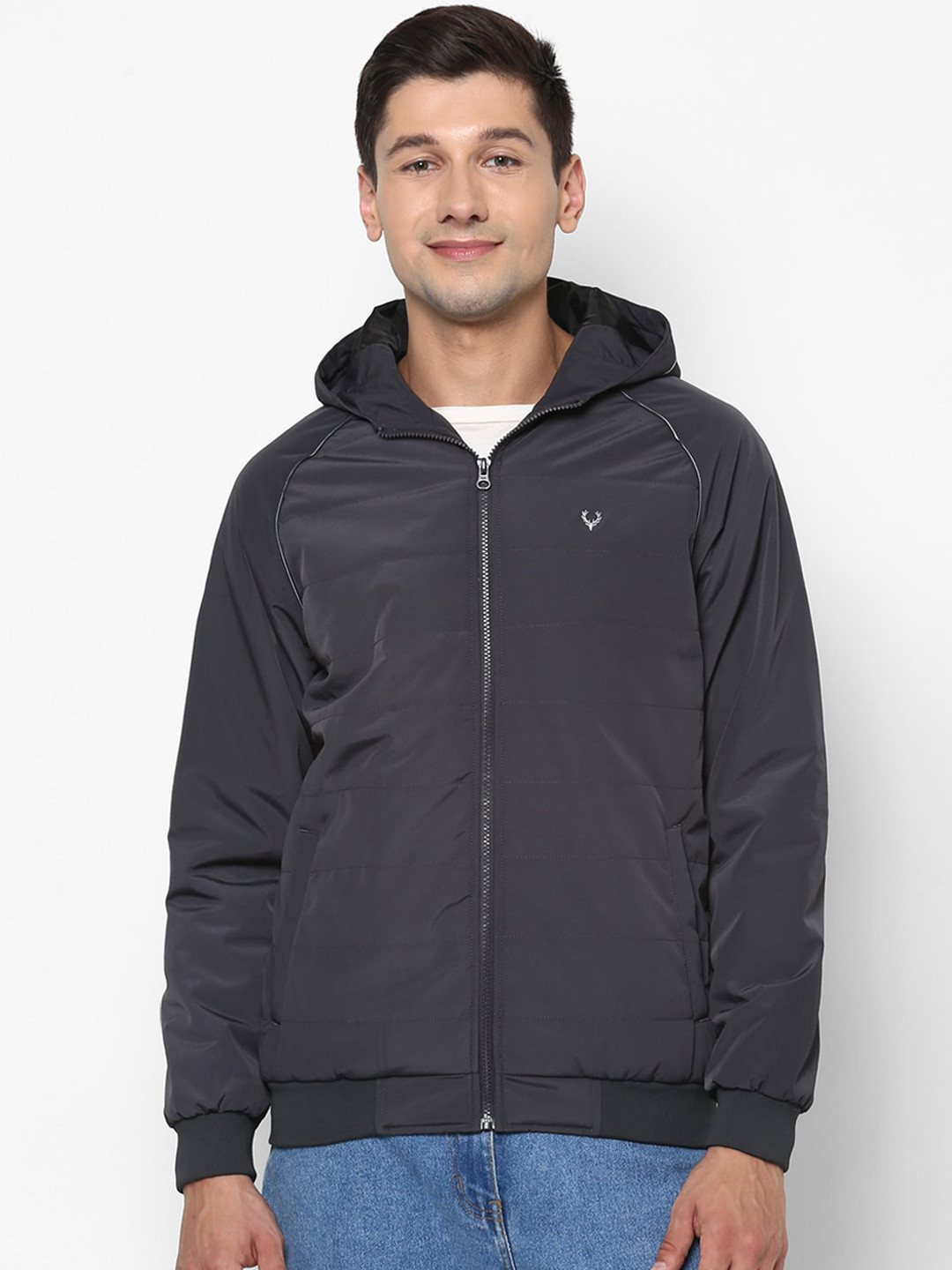 Allen Solly Men Navy Blue Solid Hooded Bomber Jacket