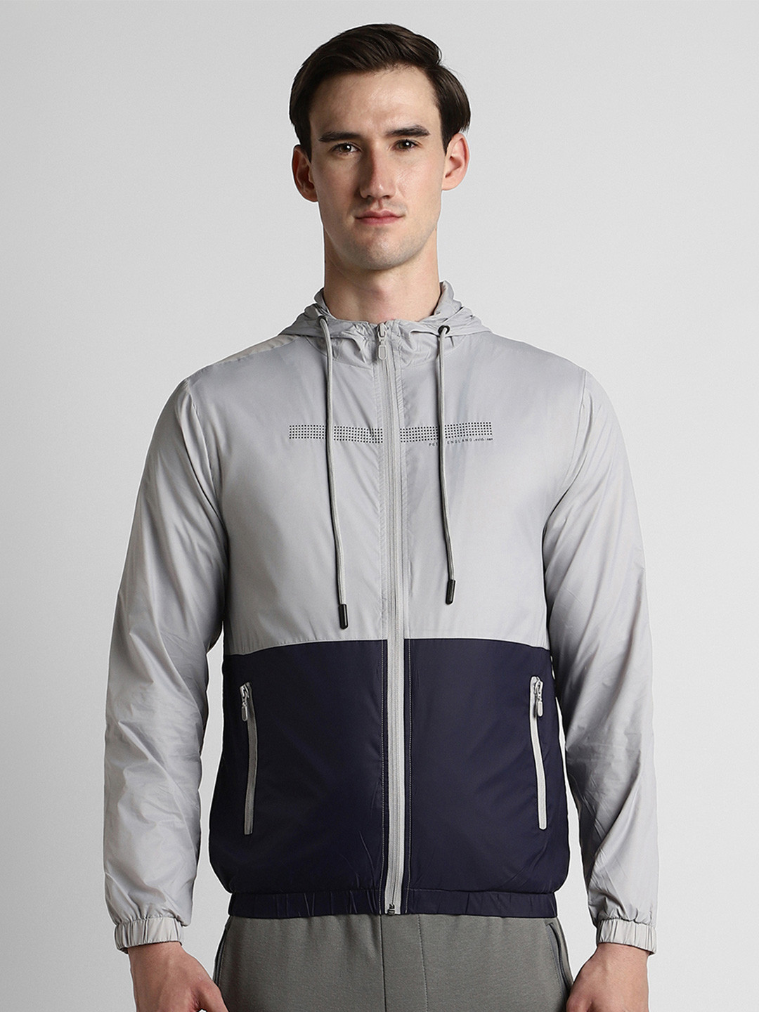 Peter England Casuals Men Grey Hooded Sporty Jacket