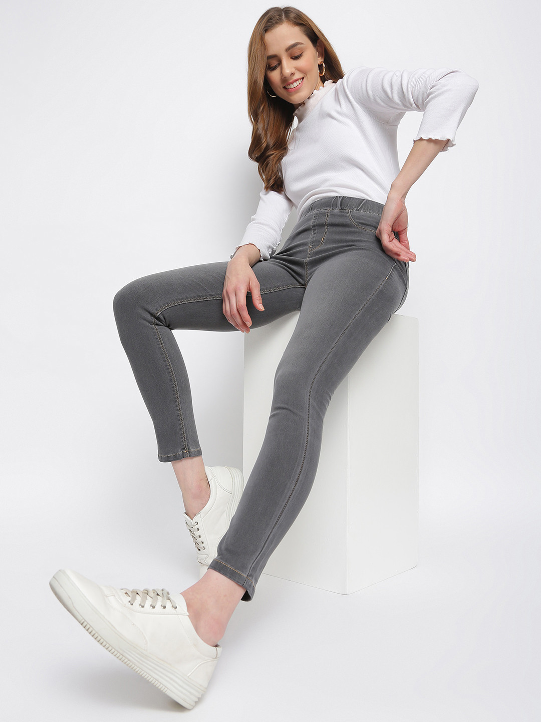 TALES & STORIES Women Grey Solid Skinny Fit Denim Jeggings