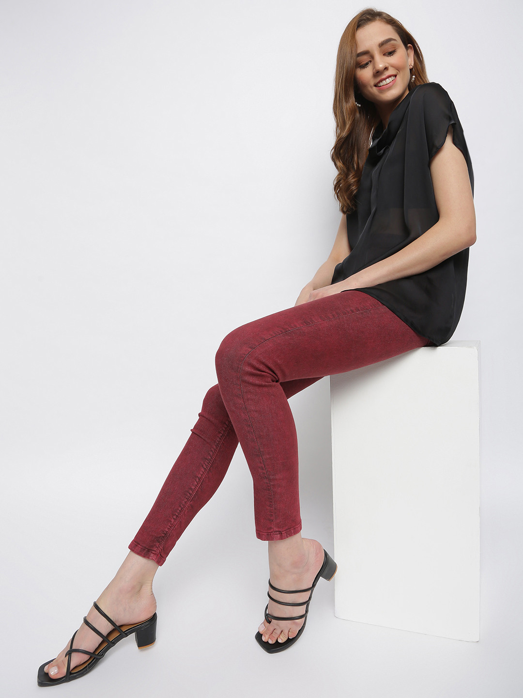TALES & STORIES Women Maroon Solid Skinny-Fit Jeggings