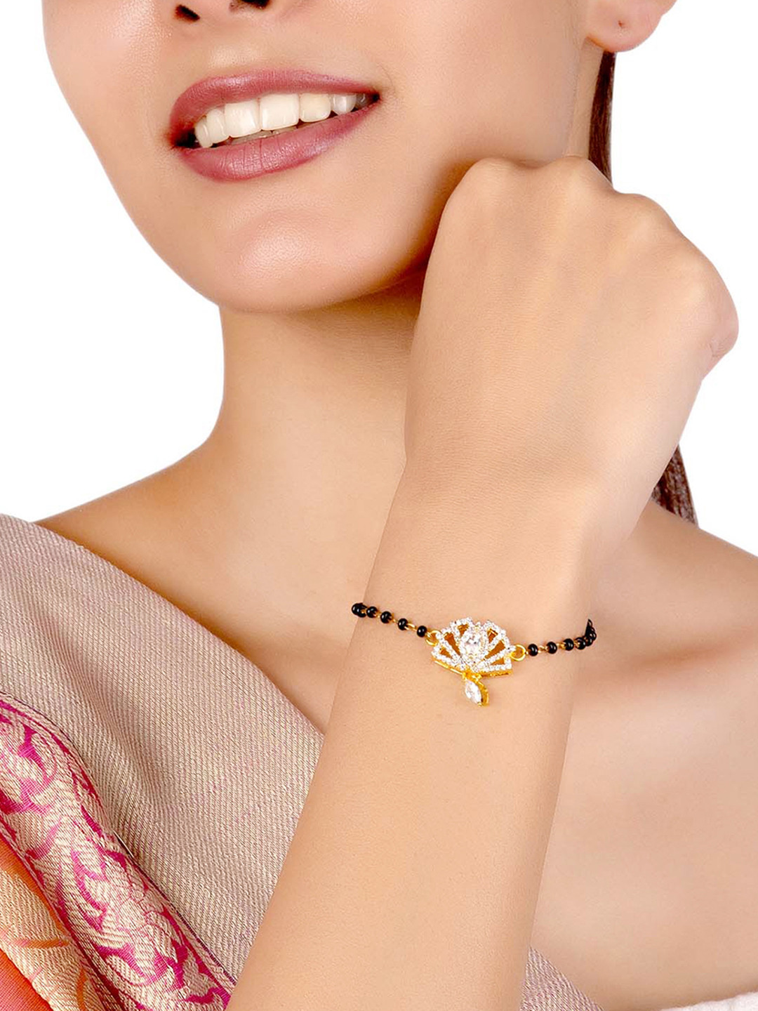 CZ Golden Round Brass Black Beaded Mangalsutra Bracelet