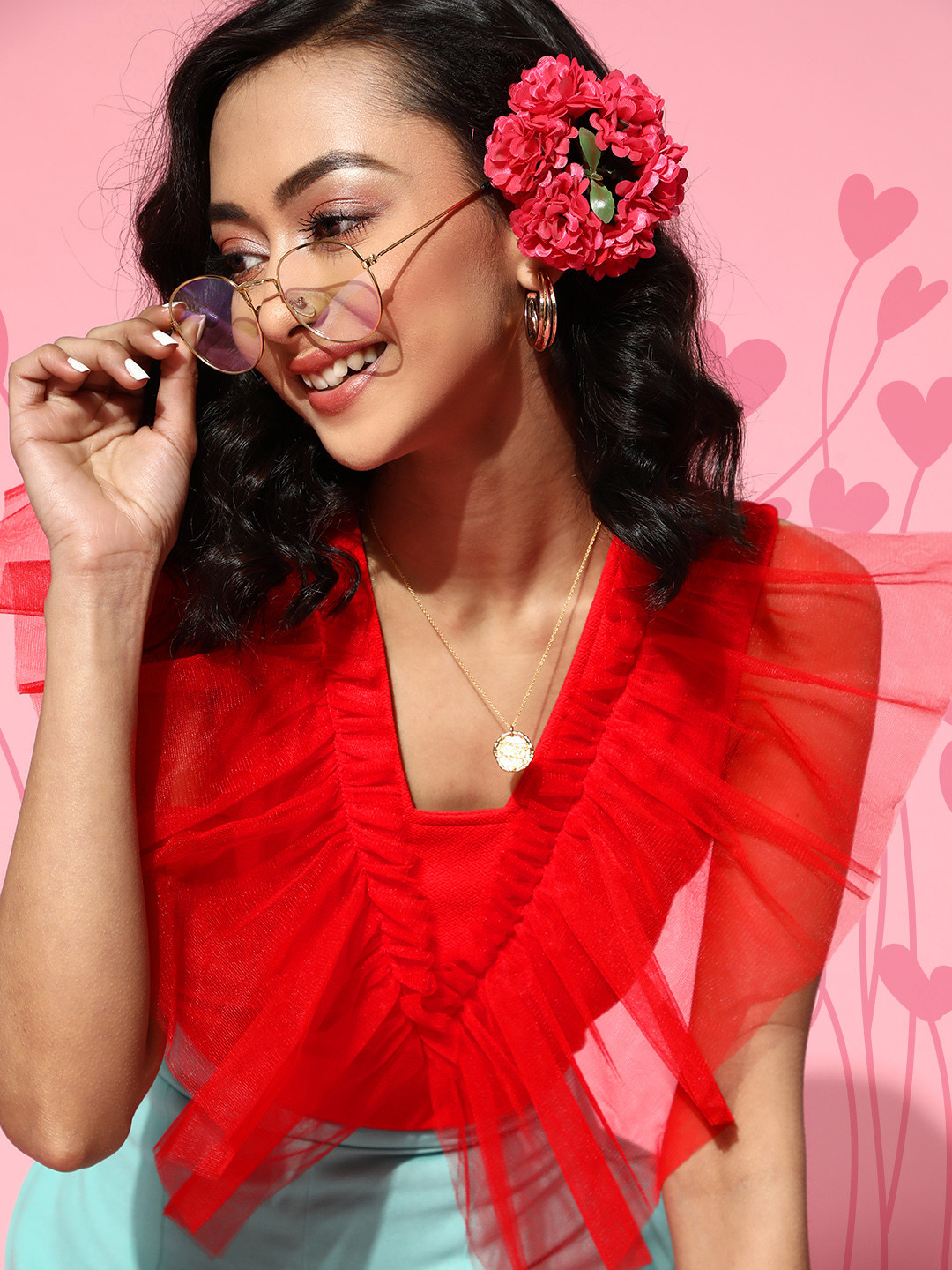 Athena Women Gorgeous Red Solid Ruffled Top