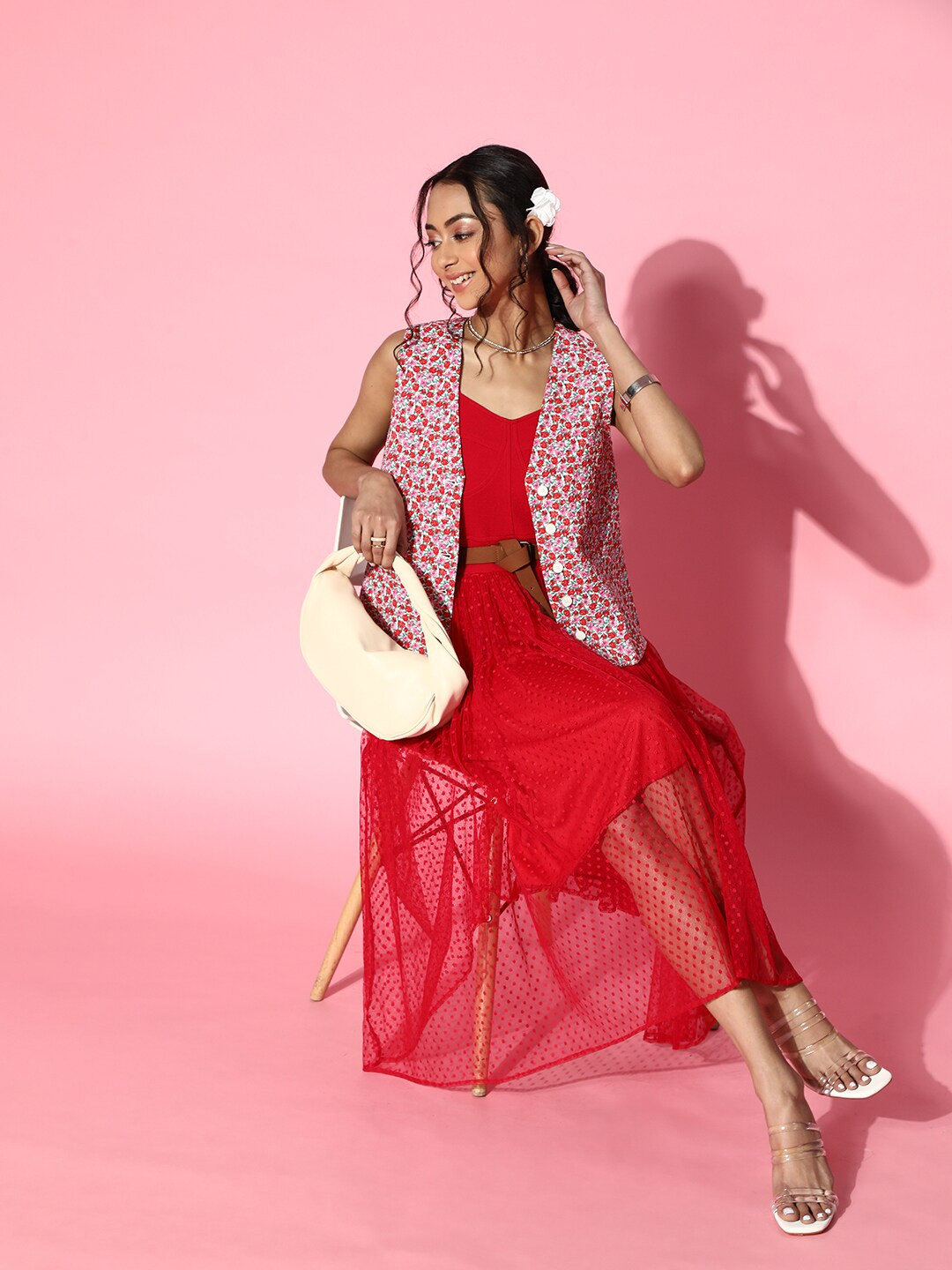 Athena Women Gorgeous Red Solid Tulle Dress