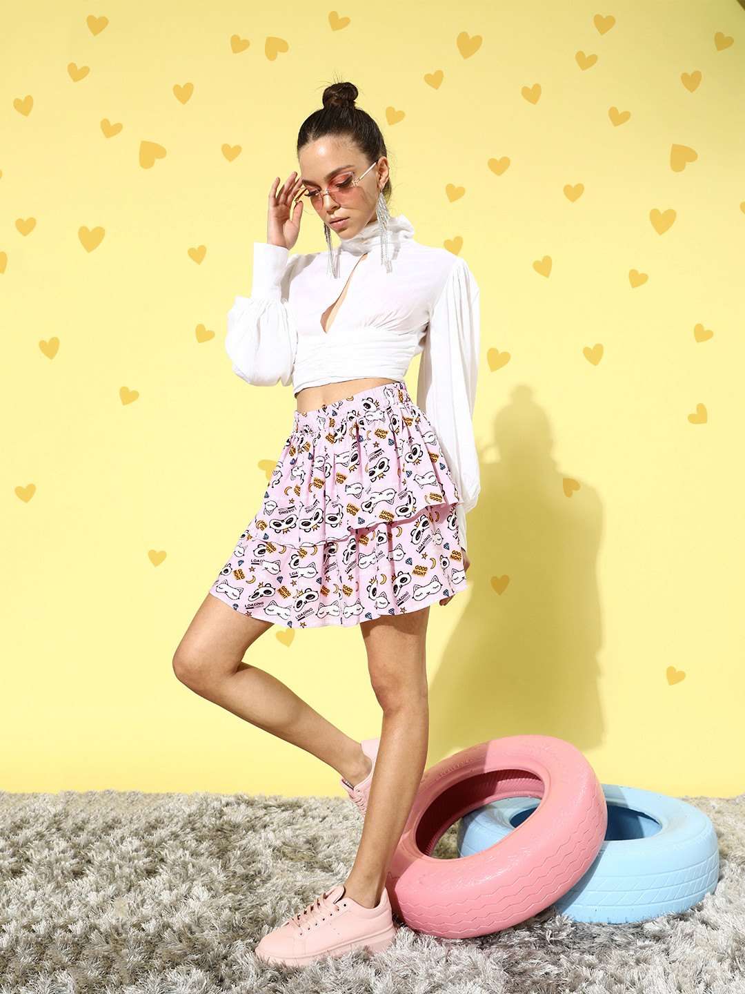 SCORPIUS Women Pretty Pink Graphic Tiered Skirt