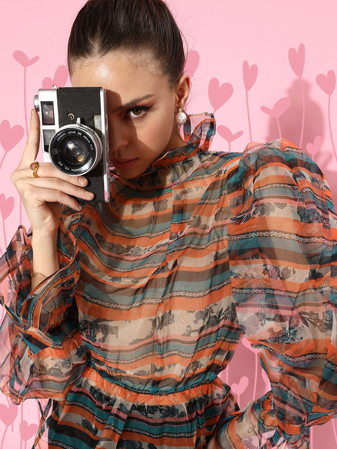 SCORPIUS Women Orange Horizontal Striped Peplum Top