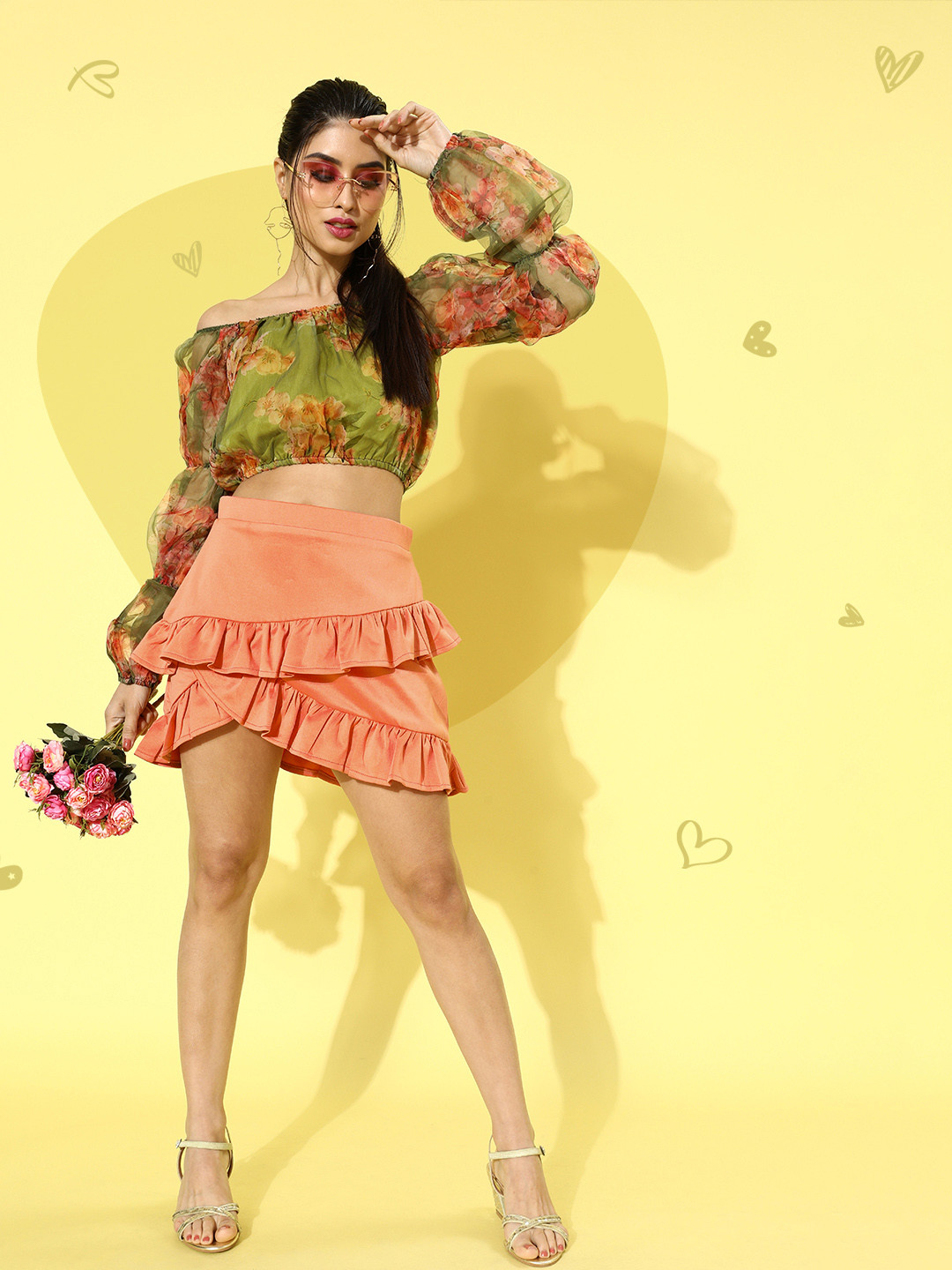 SCORPIUS Women Bright Orange Solid Ruffled Skirt