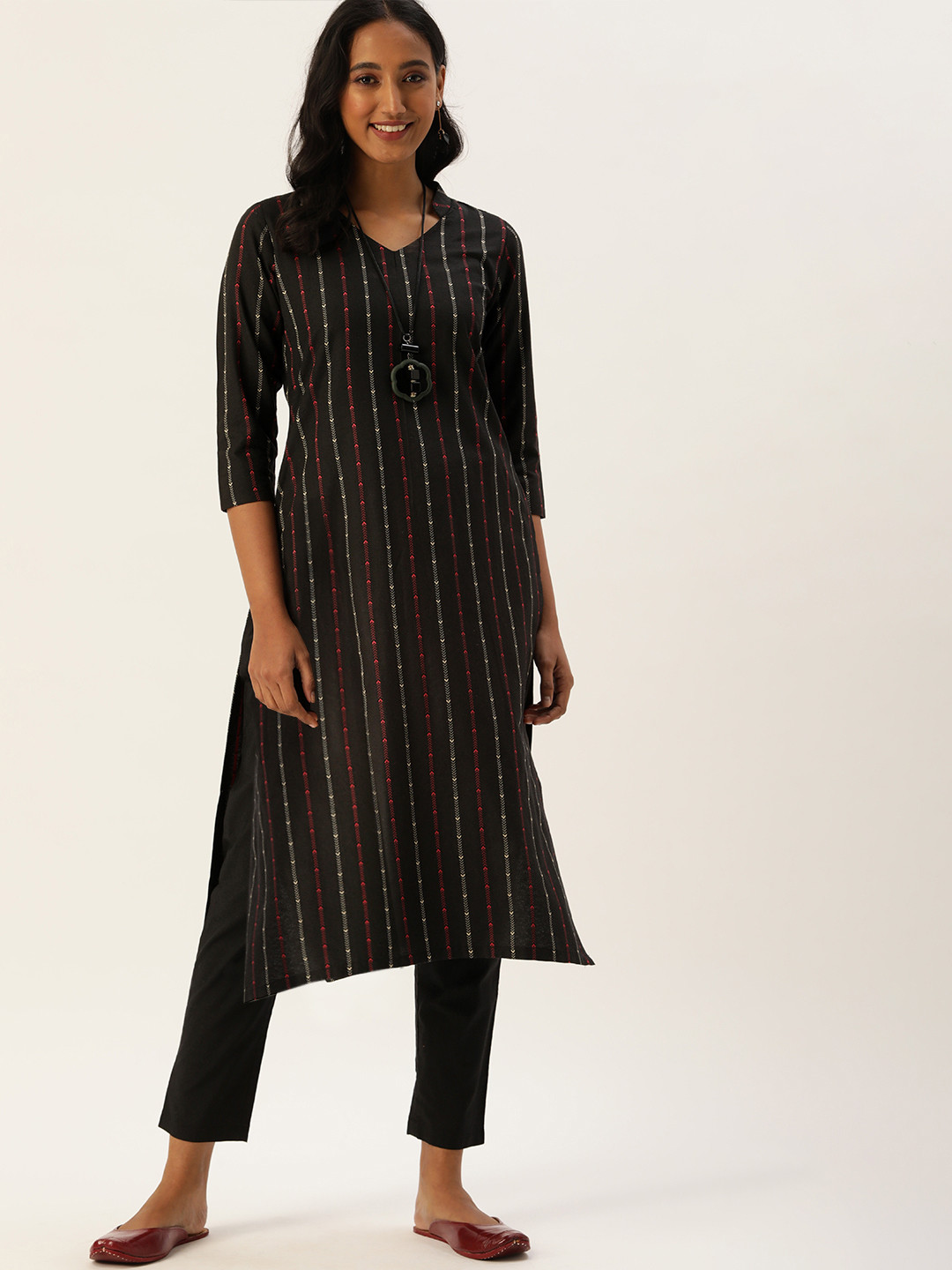 Saanjh Women Black Cotton Blend Woven Designed Straight Kurti with Trousers