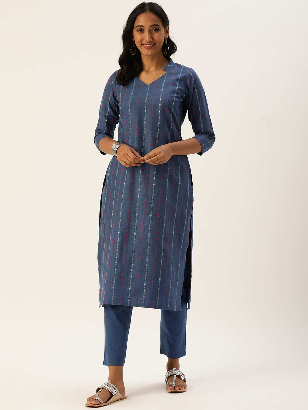 Saanjh Women Light Blue Cotton Blend Woven Designed Kurti with Trousers