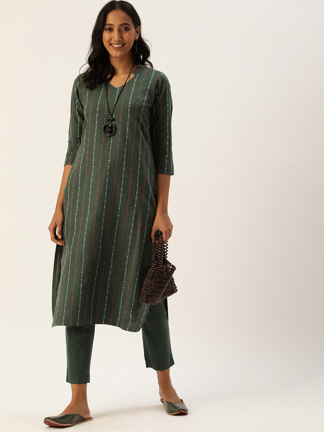Saanjh Women Green Cotton Blend Woven Designed Straight Kurti with Trousers