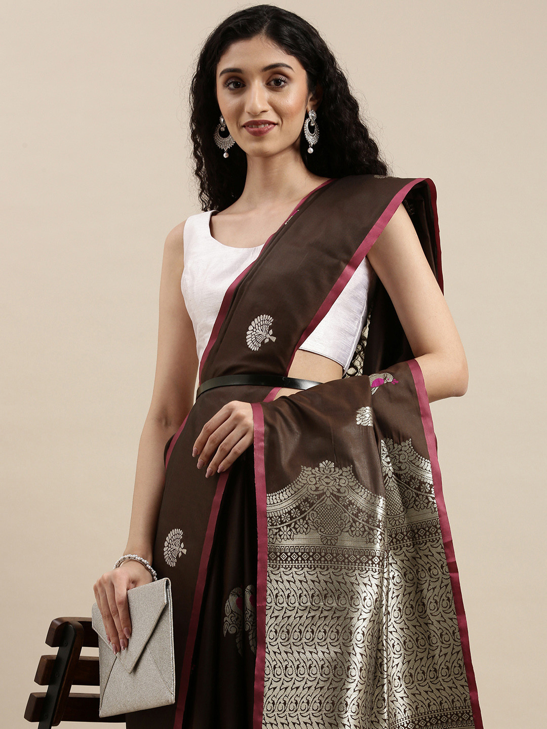 Mitera Brown & Silver-Toned Woven Design Zari Lichi Silk Blend Belted Banarasi Saree
