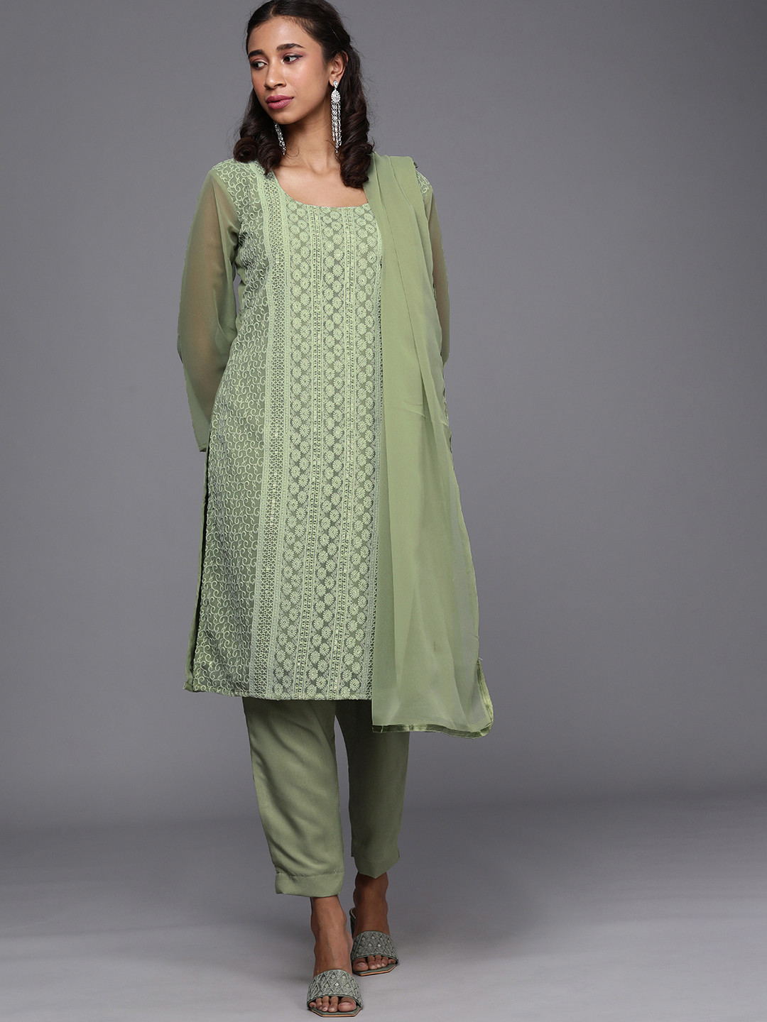 Mitera Green Chikankari Embroidered Unstitched Dress Material