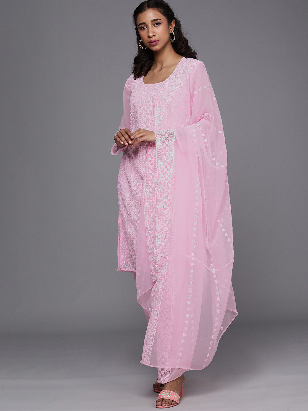 Mitera Pink Chikankari Embroidered Unstitched Dress Material