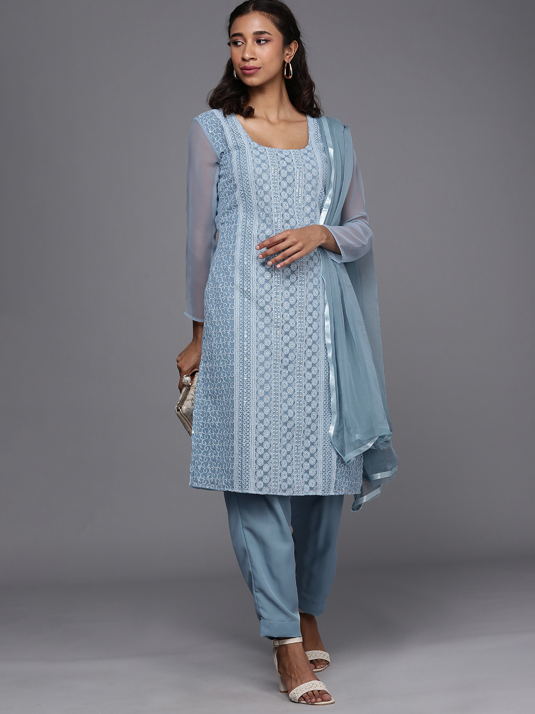 Mitera Blue Chikankari Embroidered Unstitched Dress Material